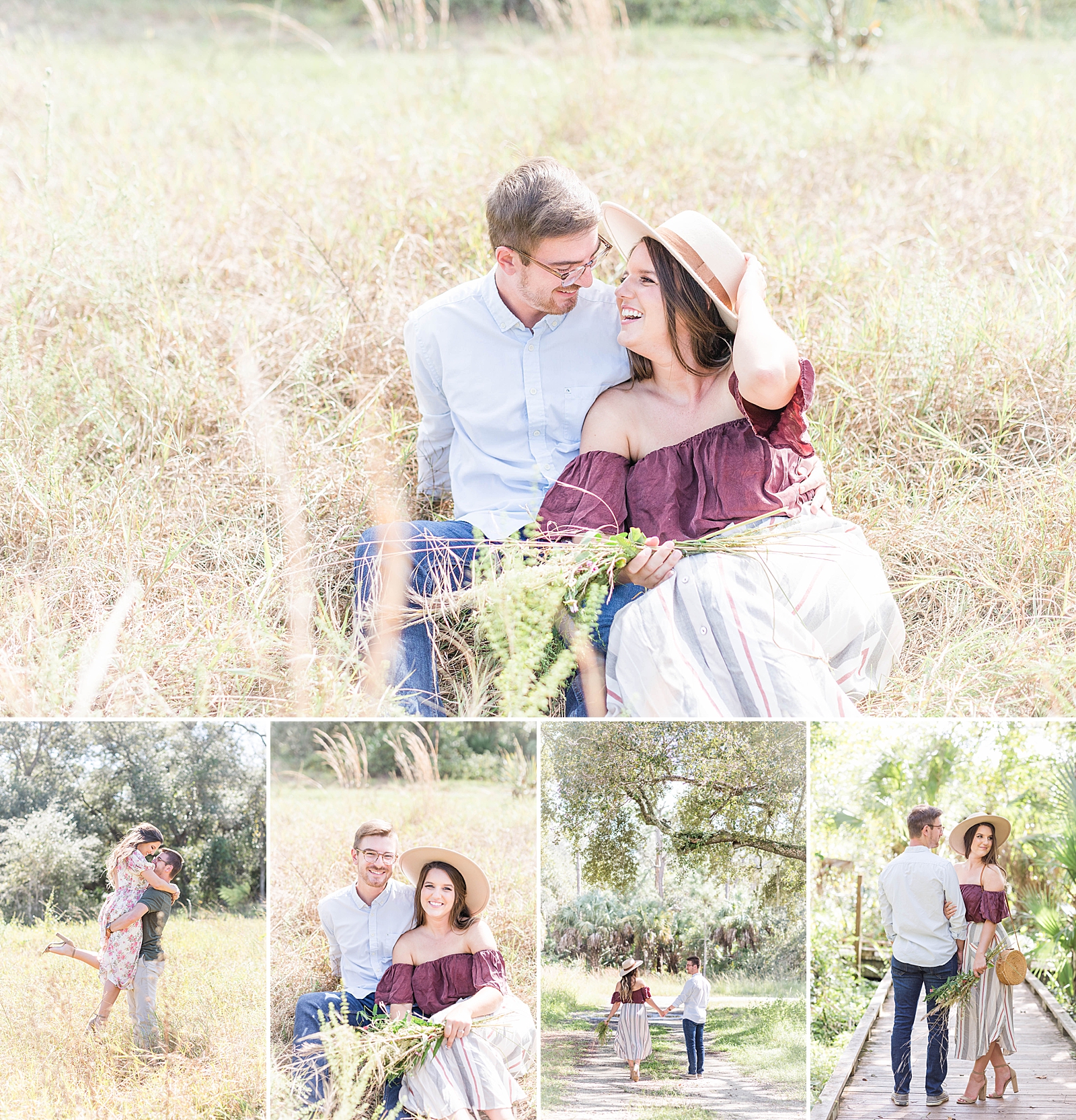 Engagement pictures in a large open field in Fort Myers, Florida