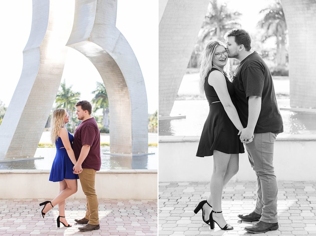 Couple posing by the fountain at FGCU.