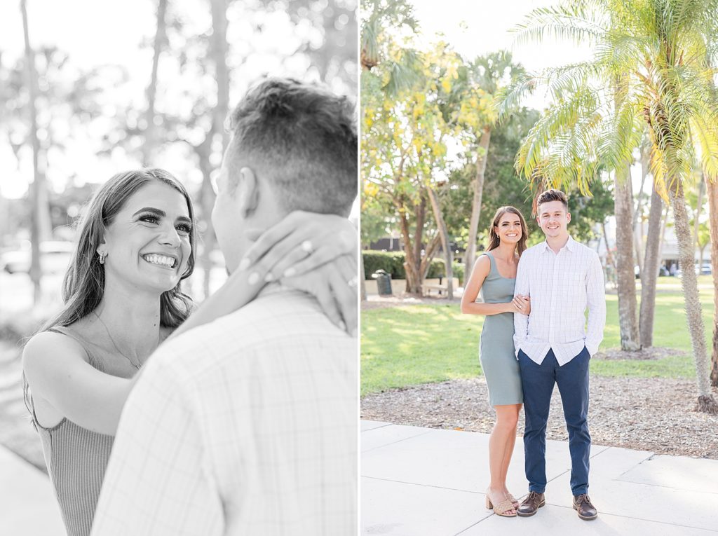 A man and woman smiling during the engagement pictures at St. Armands in Sarasota, Florida. 
