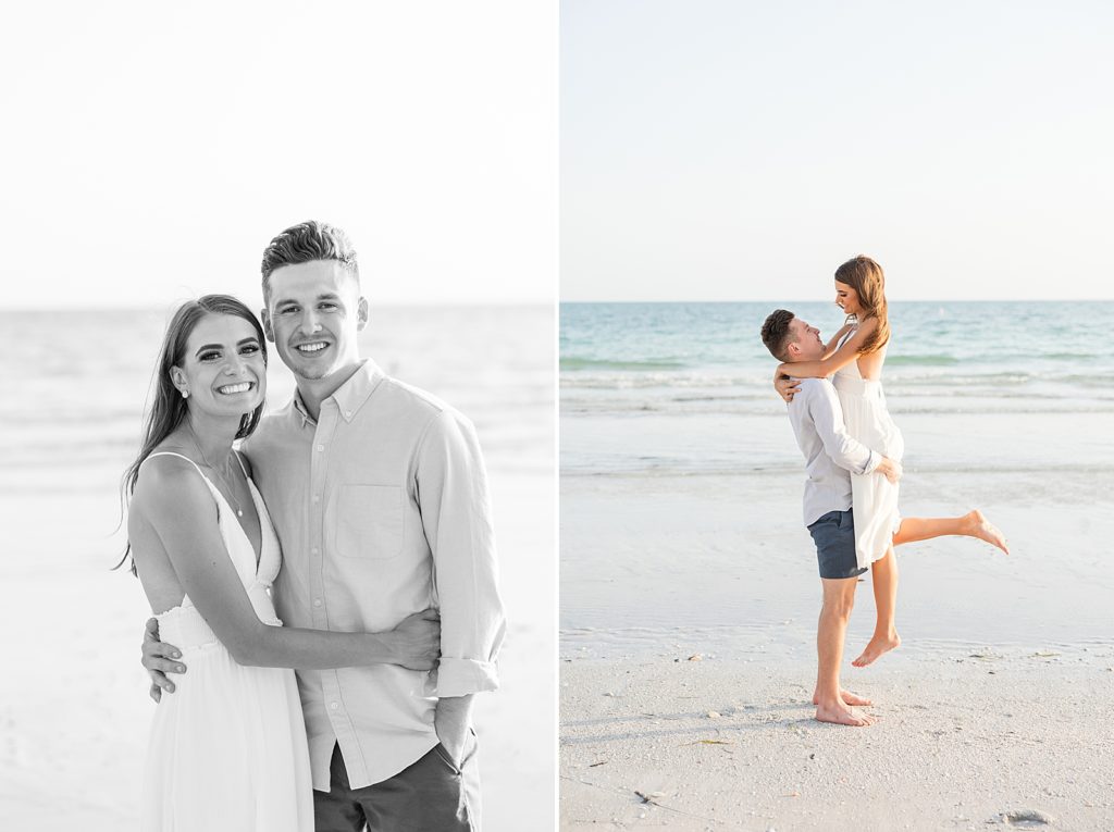 A man lifting up a woman and smiling on the beach during their Sarasota engagement session. 