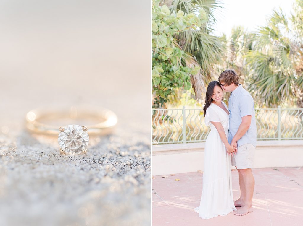 Engagement ring and couple on Treasure Island in St. Pete Florida.
