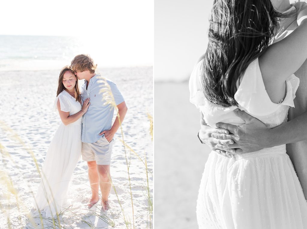 Couple dancing on the beach for engagement pictures on Treasure Island in St. Pete Florida.
