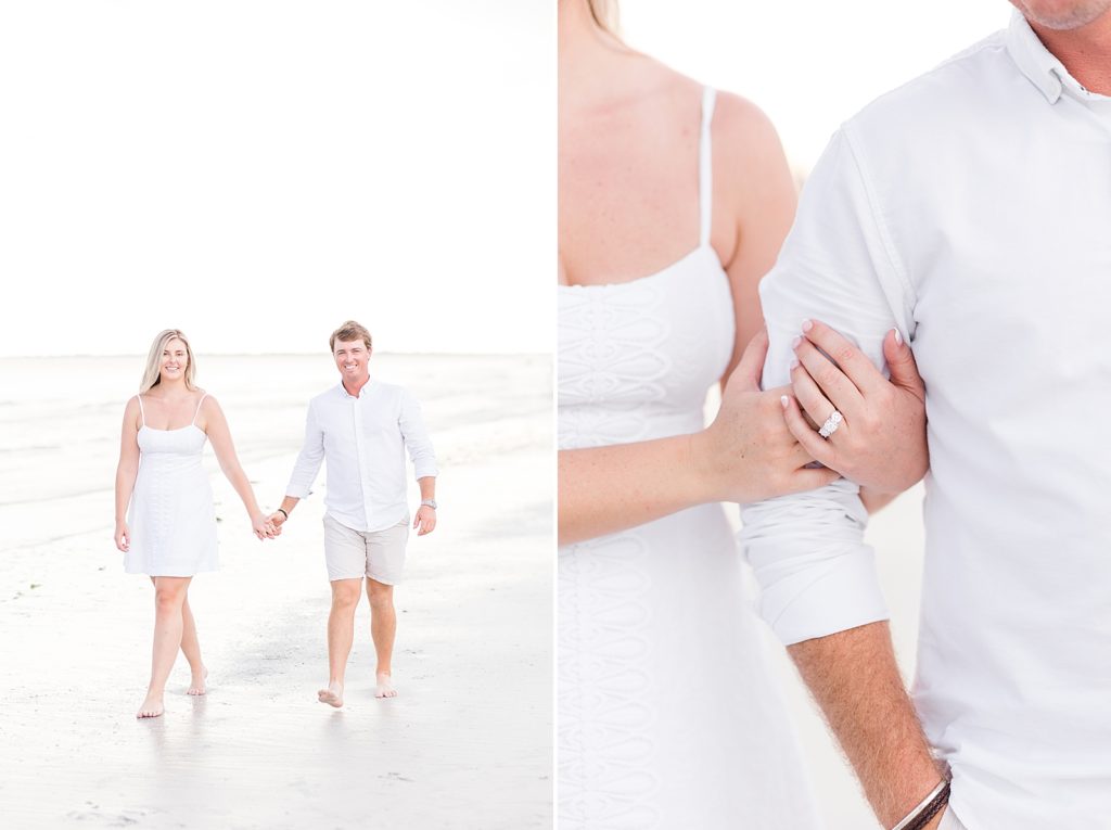 A couple holding hands during sunset at their Fort Myers Beach Engagement Session. 