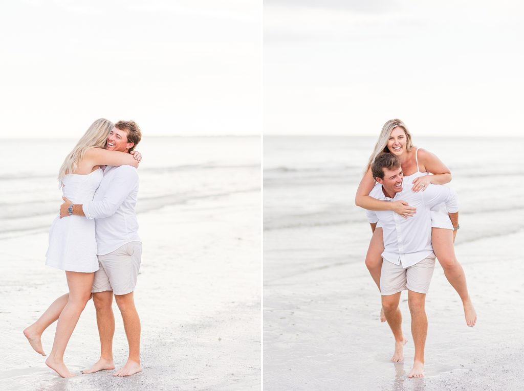 A man giving his fiance a piggy-back ride on Fort Myers beach during sunset. 