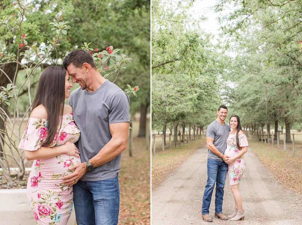A husband and wife taking maternity pictures in front of Oak Trees in Estero, Florida. 