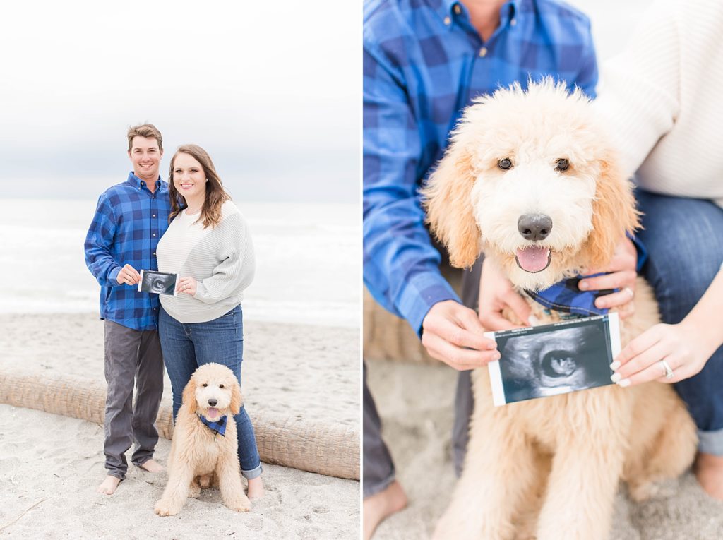 A couple on the beach with their Goldendoodle puppy. 