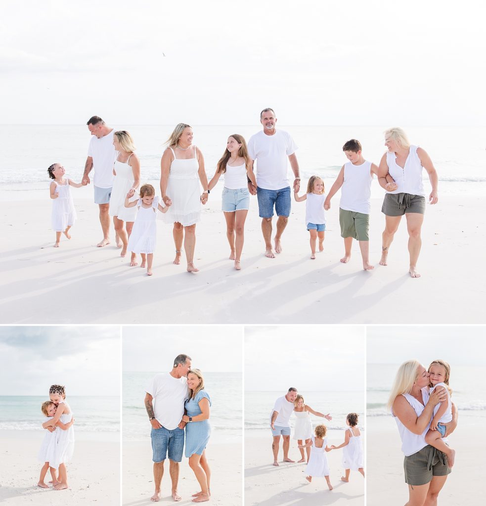 A family wearing white taking pictures on Anna Maria Island in Bradenton, Florida. 