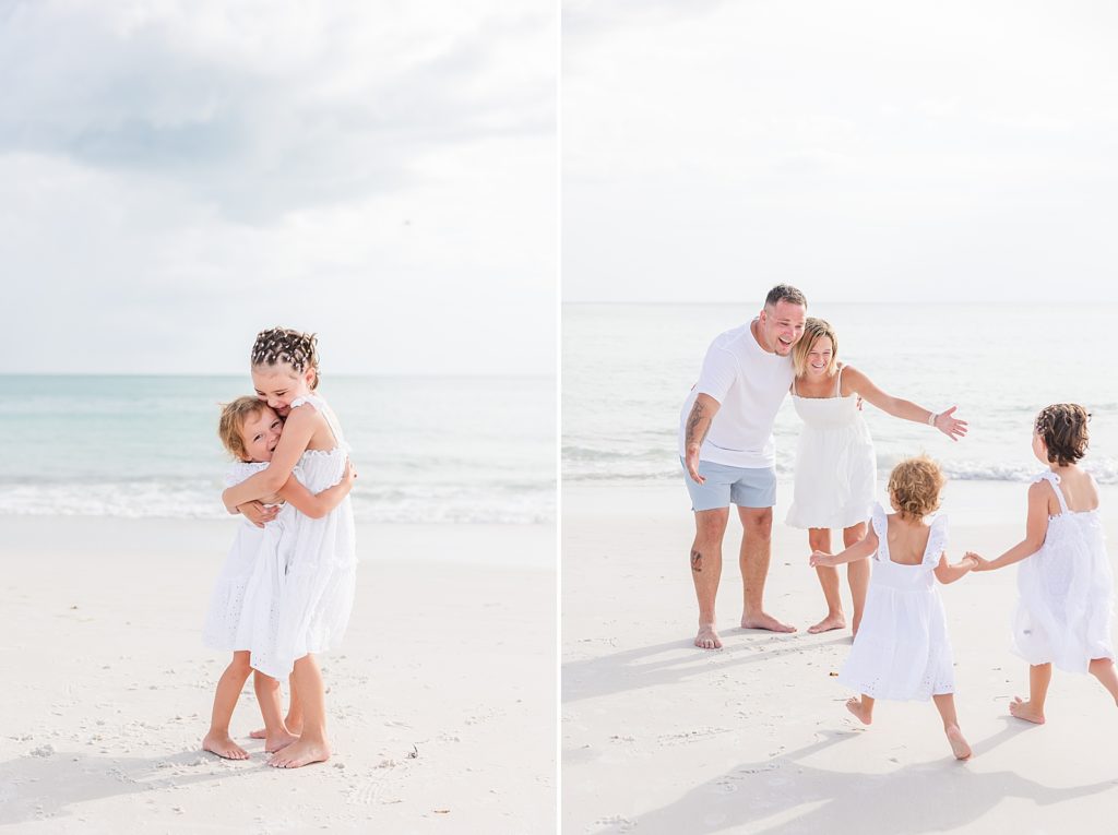 Little sisters wearing white dresses hugging on Anna Maria Island 