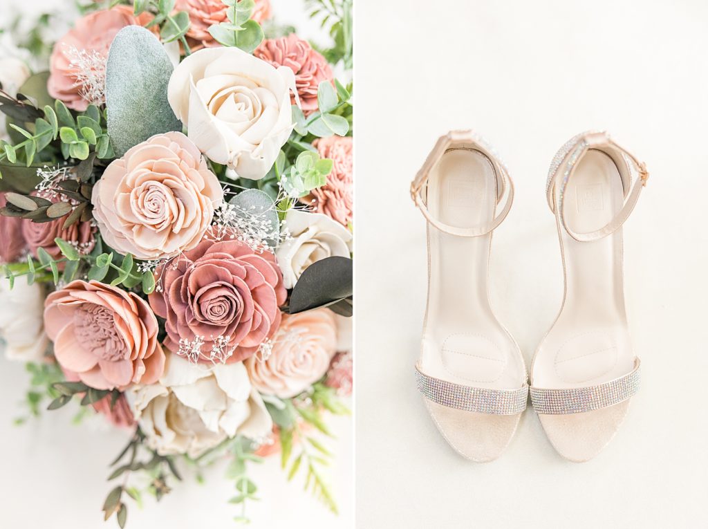Wedding bouquet and bridal shoes. 