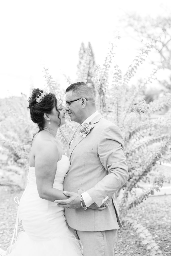 A picture in black and white of the bride and groom. 
