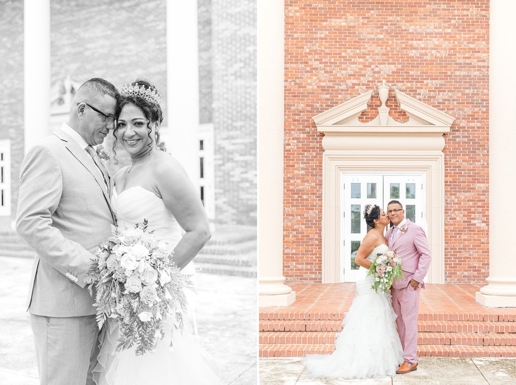 A bride and groom standing in front of the brick church in Bradenton, Florida. 