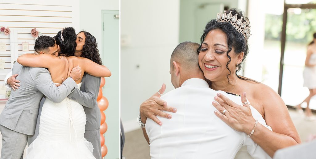 A bride hugging her three sons before the ceremony. 