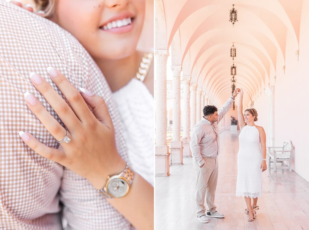 Engaged couple dancing in the pink hallway of The Ringling. 