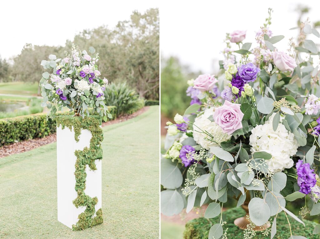 Wedding ceremony with purple and while flowers. 