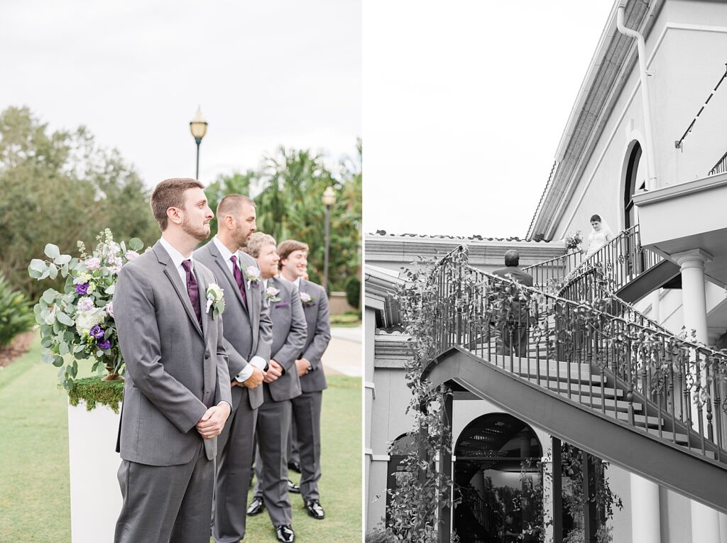 groom watching bride walk down the stair case at Lakewood Ranch Golf and Country Club. 
