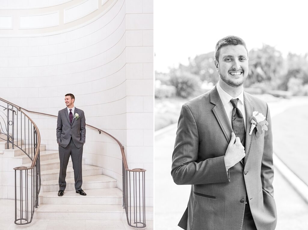 groom smiling on the staircase. 