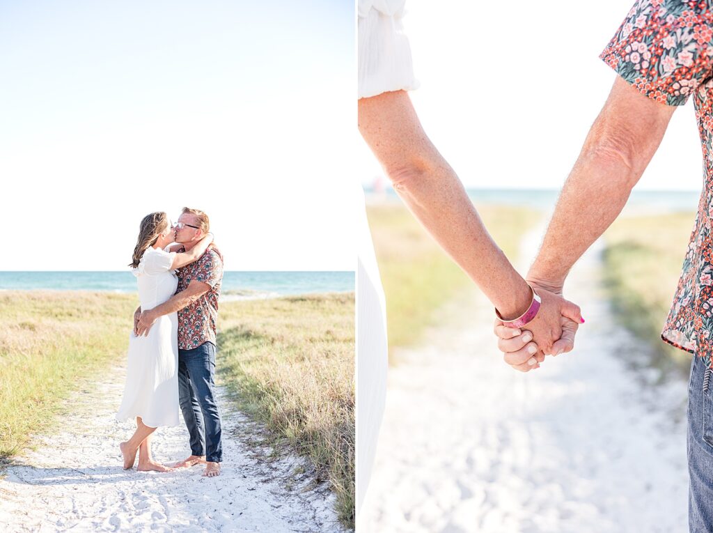 A couple taking engagement pictures and holding hands