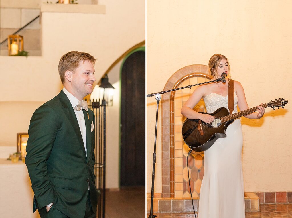 Bride singing groom a song on the guitar