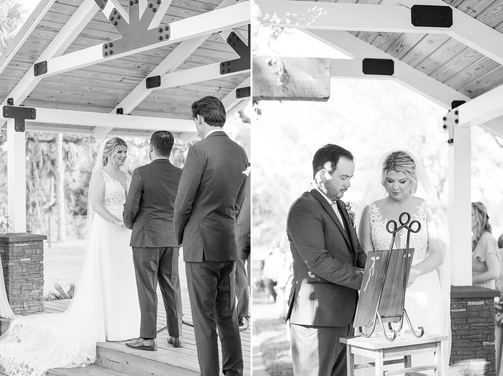 Black and white pictures of an Arcadia wedding ceremony. 