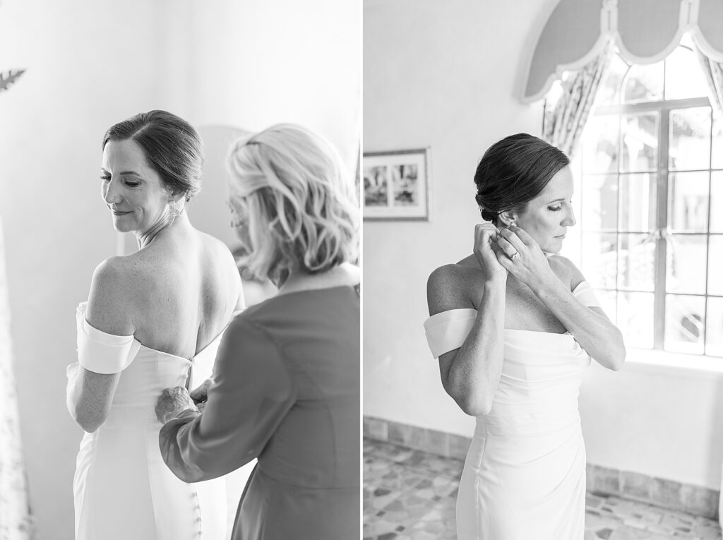 Black and white picture of the bride getting ready at the Seagate Powel Crosley Estate. 