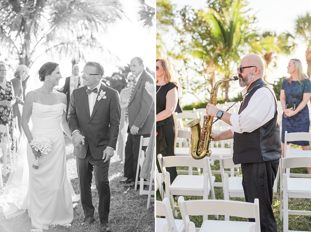 Wedding recessional with someone playing the saxophone. 
