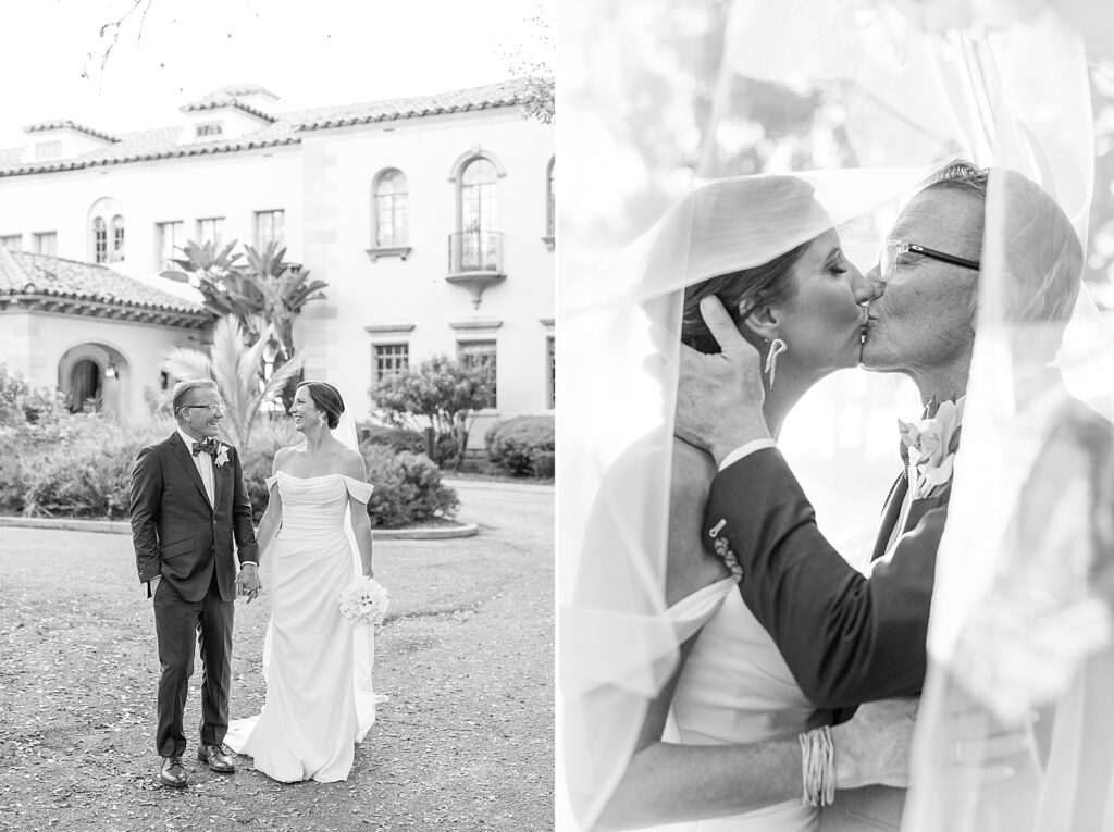 black and white picture of the bride and groom kissing. 