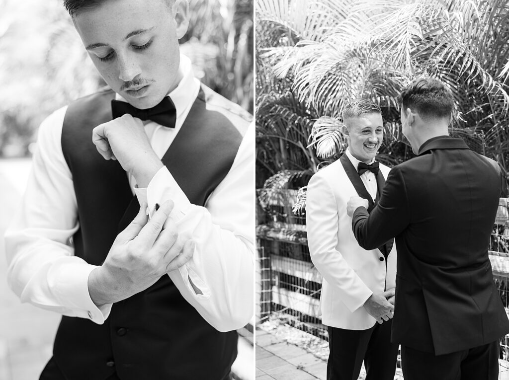 black and white picture of the Groom getting ready. 