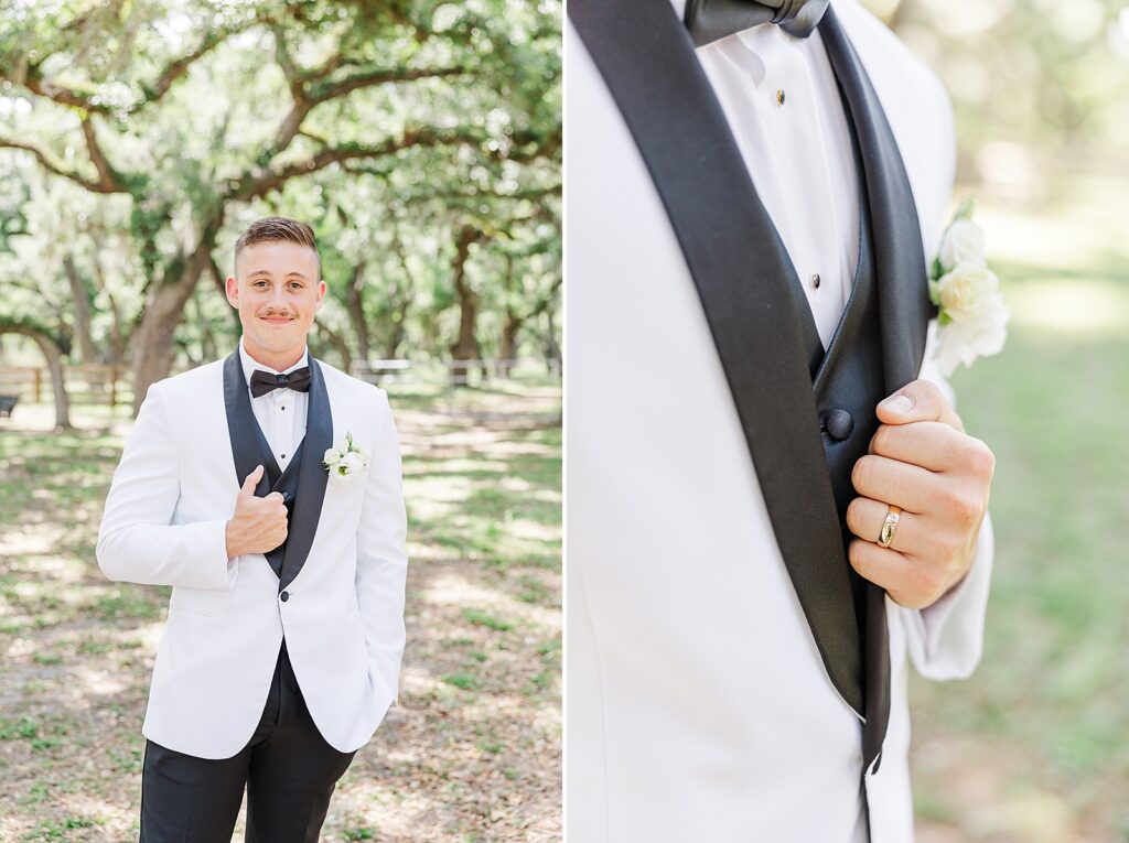 The groom in a black and white suit. 
