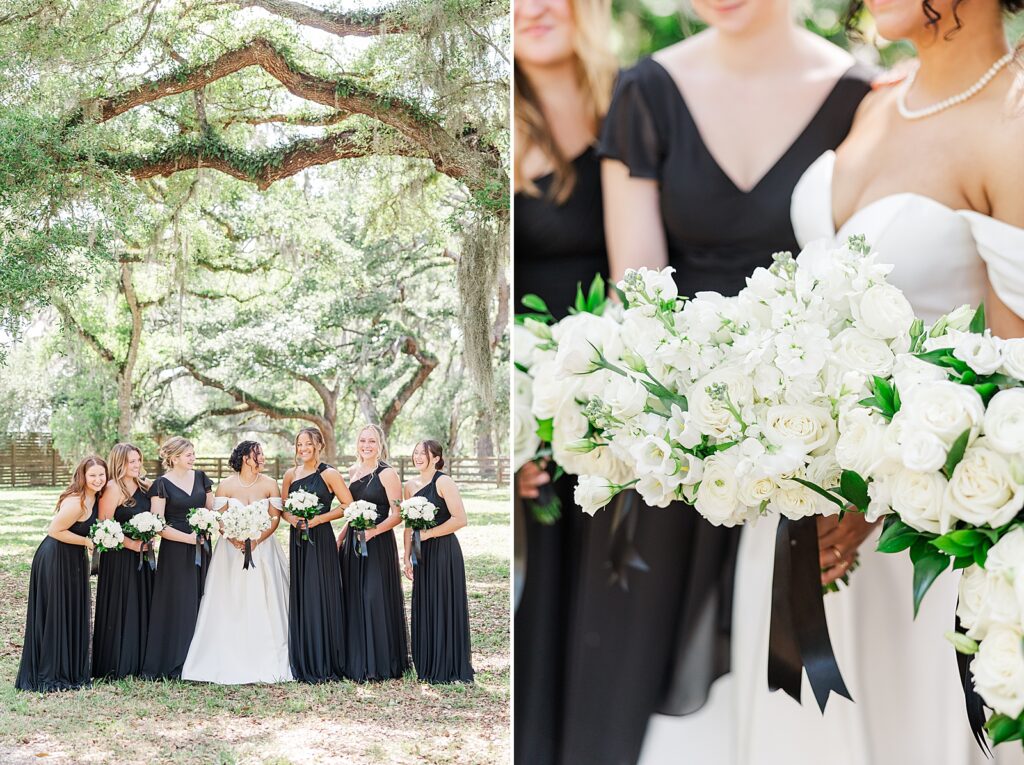 bride wearing a white dress and bridesmaids wearing black dresses. 