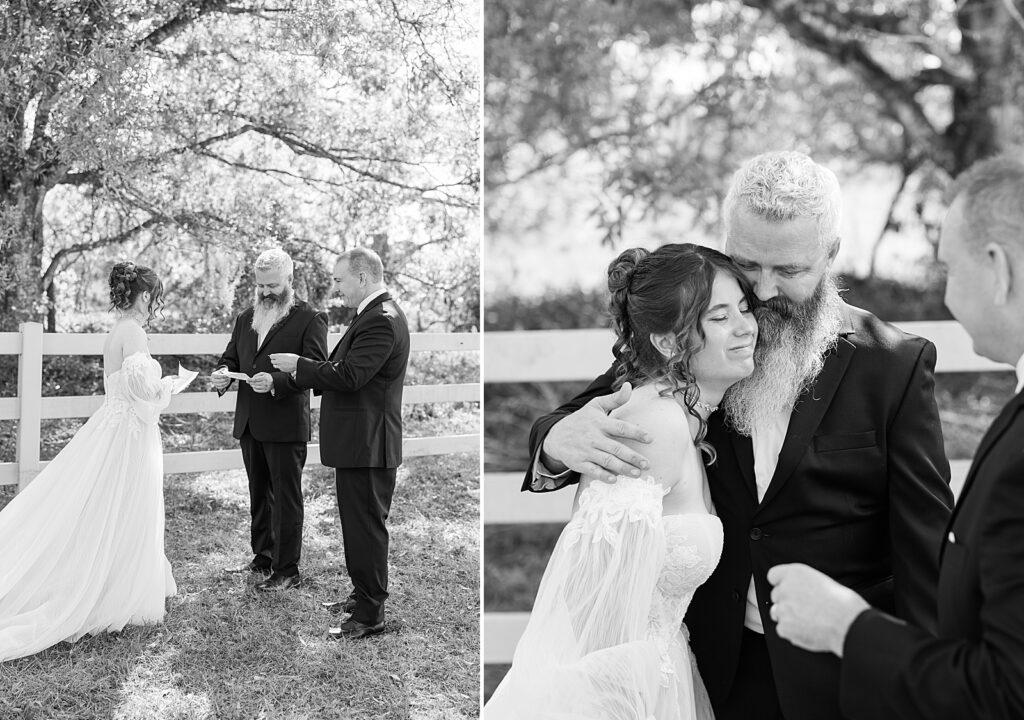 Black and white photos of a Bride sharing a first look with her father and father-in-law. 
