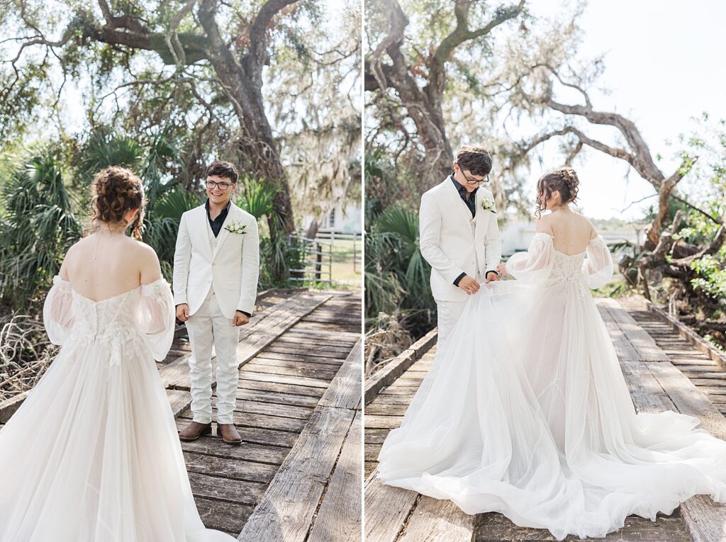 first look with the bride and groom on a bridge in Sarasota. 