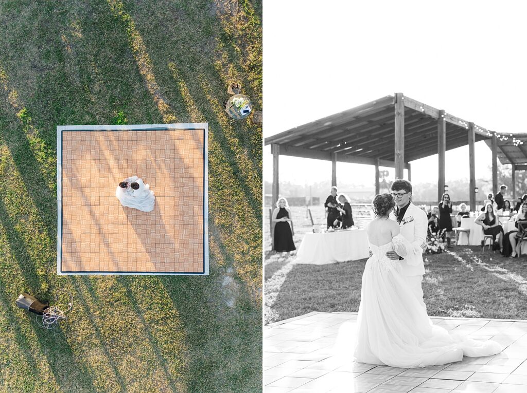 Bride and groom dancing at their outdoor reception. 