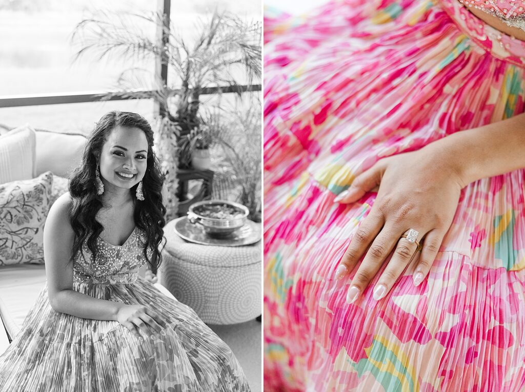Bride smiling while wearing a pink dress.