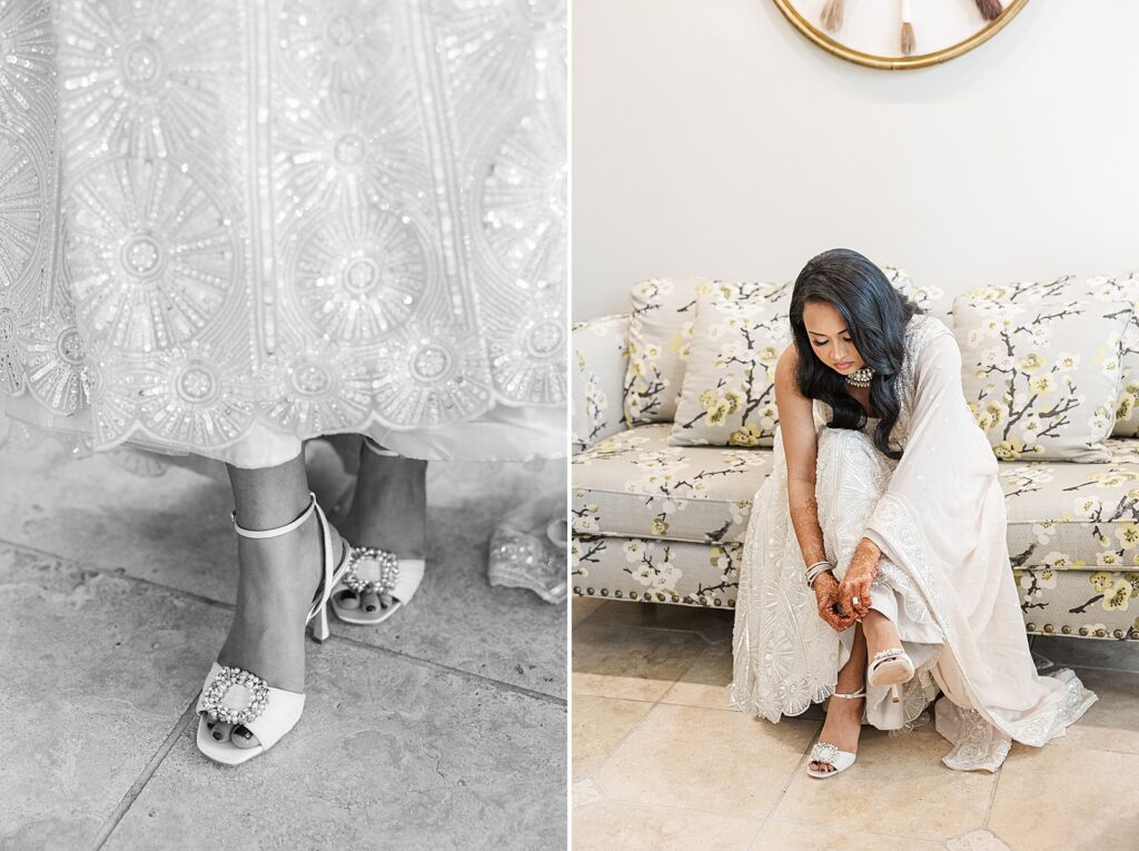 Bride putting on her shoes.