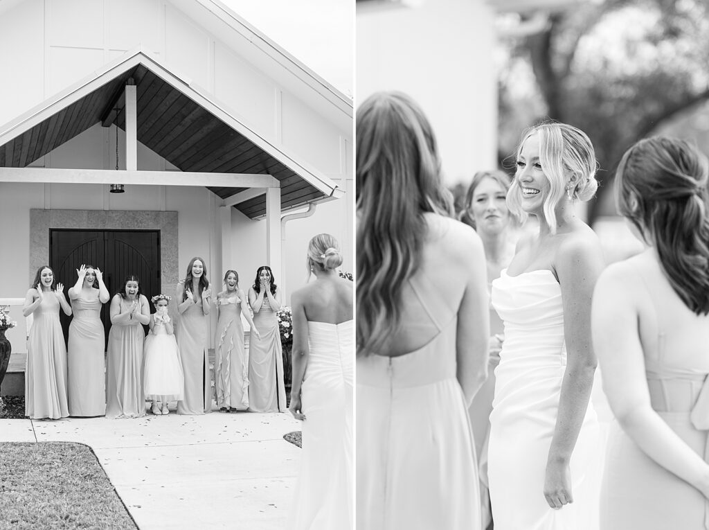 Bride sharing a first look with her bridesmaids.
