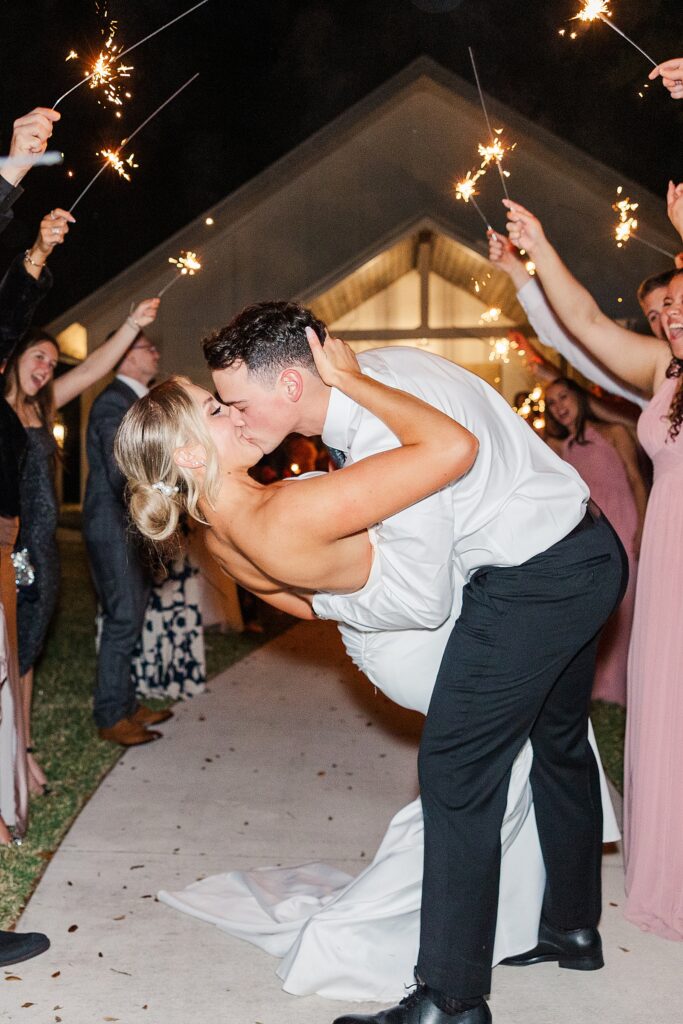Bride and Groom kissing in a sparkler exit