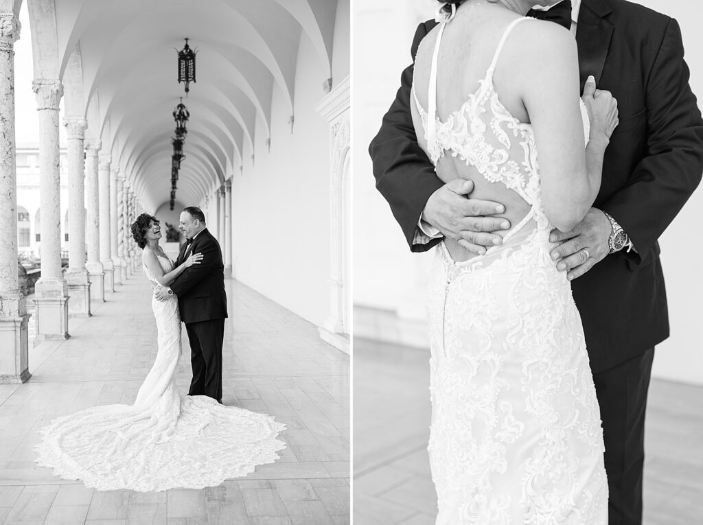 Black and white photo of the bride and groom at The Ringling.