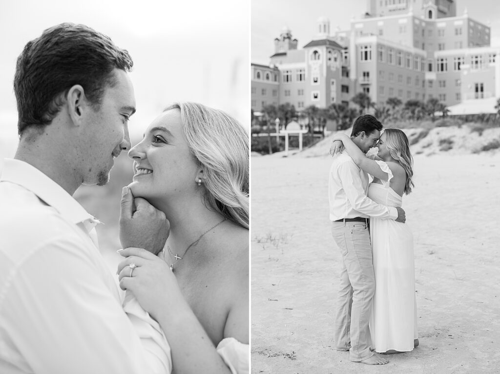 black and white photo pf couple smiling at one another.