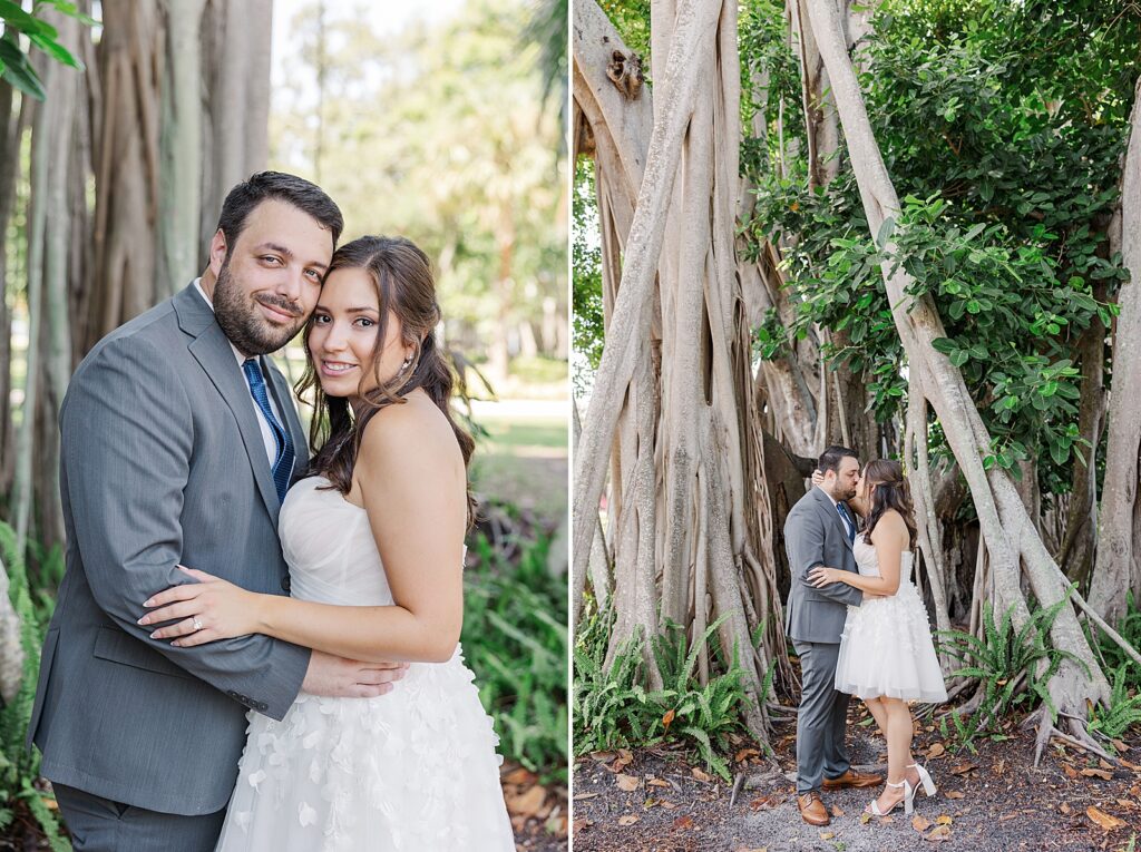 bride and groom in front of a tree at the ringling.