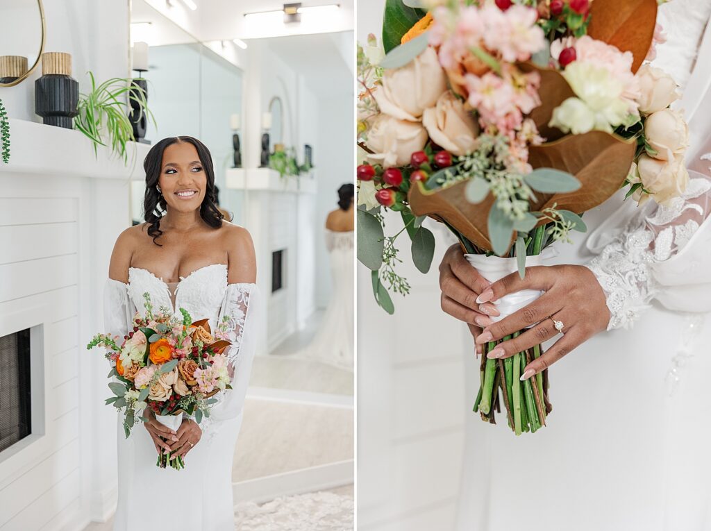 Bride smiling holding her flowers